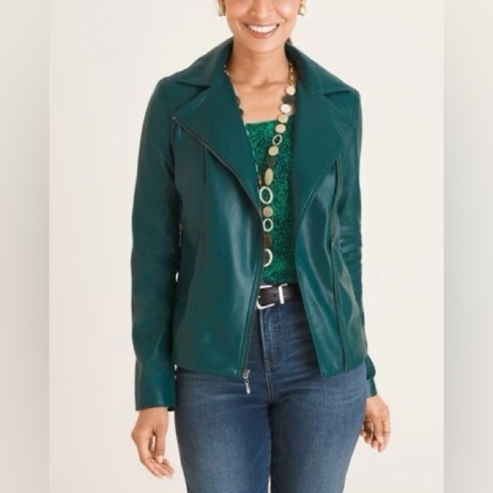 NWT CHICO’S // Collared Faux Leather Moto Jacket, Dark Jasper Green, size 16/18